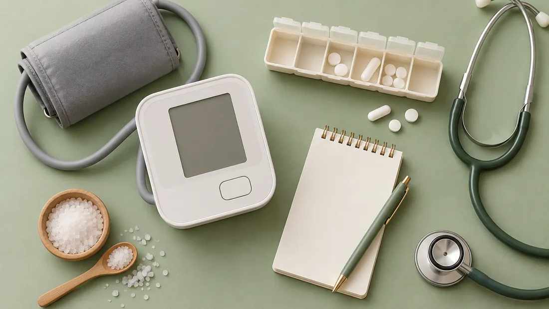 A blood pressure monitor and cuff, a weekly pill organiser, a notebook and a stethoscope on a green background