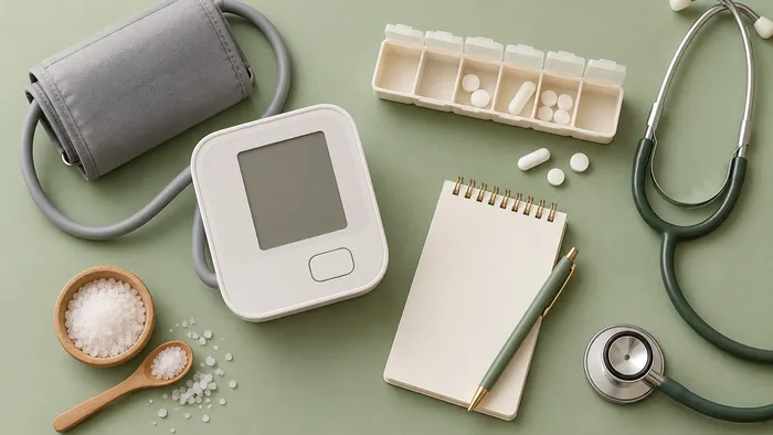 A blood pressure monitor and cuff, a weekly pill organiser, a notebook and a stethoscope on a green background