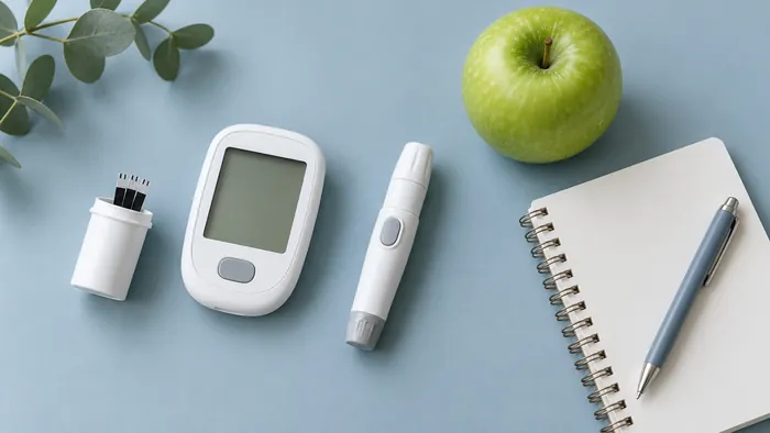 A blood glucose meter with a blank screen, test strips, a lancet pen, a small notebook, a pen and an apple on a soft blue-grey background