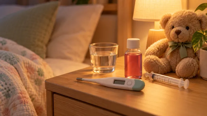 A child's bedside table at night with a thermometer, fever syrup, a dosing syringe and a teddy bear