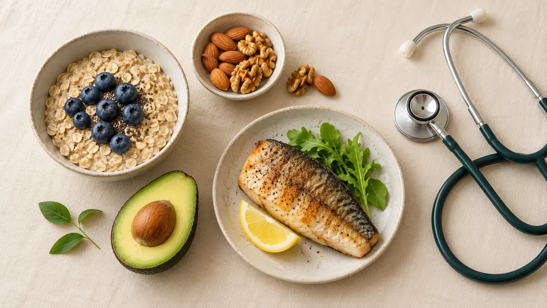 A bowl of oats, a handful of nuts, sliced avocado, a small grilled fish fillet and a stethoscope on a soft, warm background