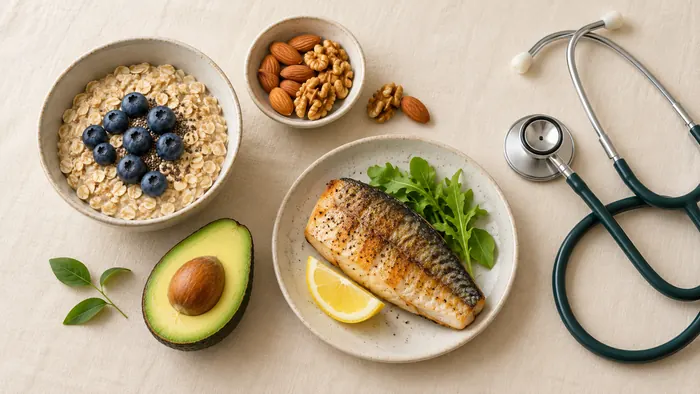 A bowl of oats, a handful of nuts, sliced avocado, a small grilled fish fillet and a stethoscope on a soft, warm background