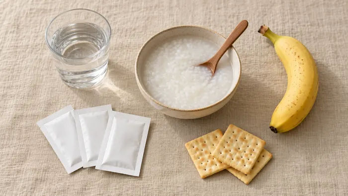 Segelas air, paket garam rehidrasi oral tanpa label, semangkuk bubur nasi, sebiji pisang dan biskut kering di atas latar lembut