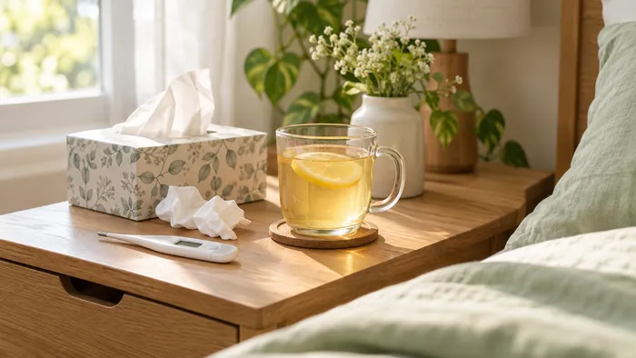 A bedside table with a digital thermometer, tissues and a mug of warm water with honey and lemon