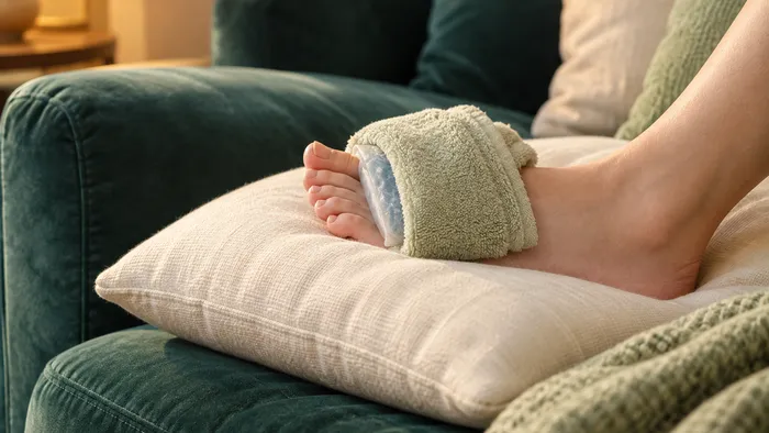 A foot resting on a cushion with an ice pack wrapped over the big toe
