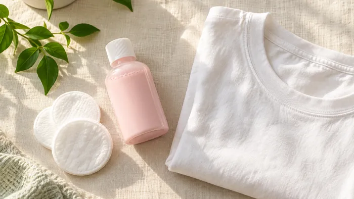 Calamine lotion, cotton pads and a soft cotton t-shirt laid out on linen