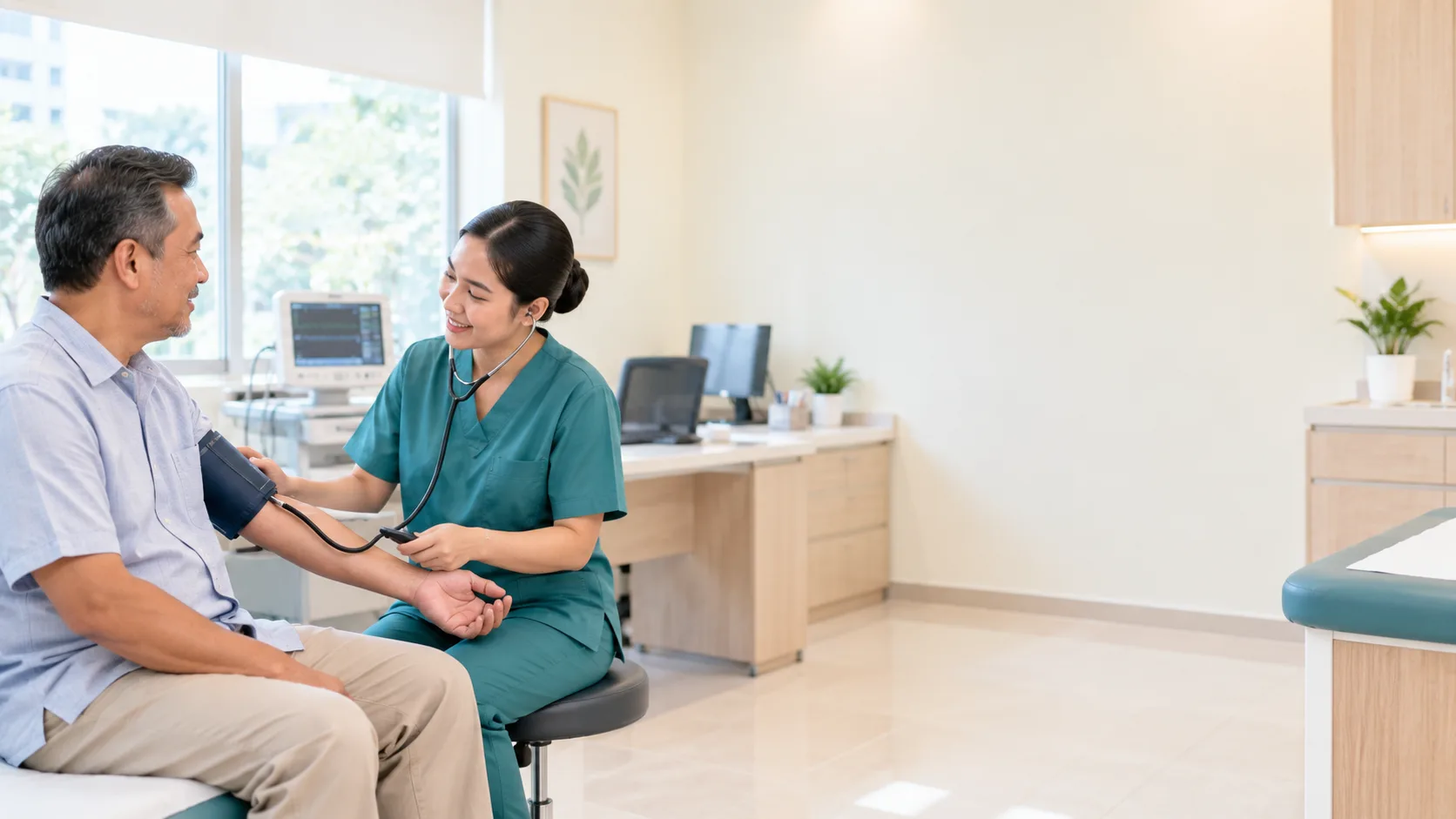 A nurse checking the blood pressure of a patient in a bright consultation room