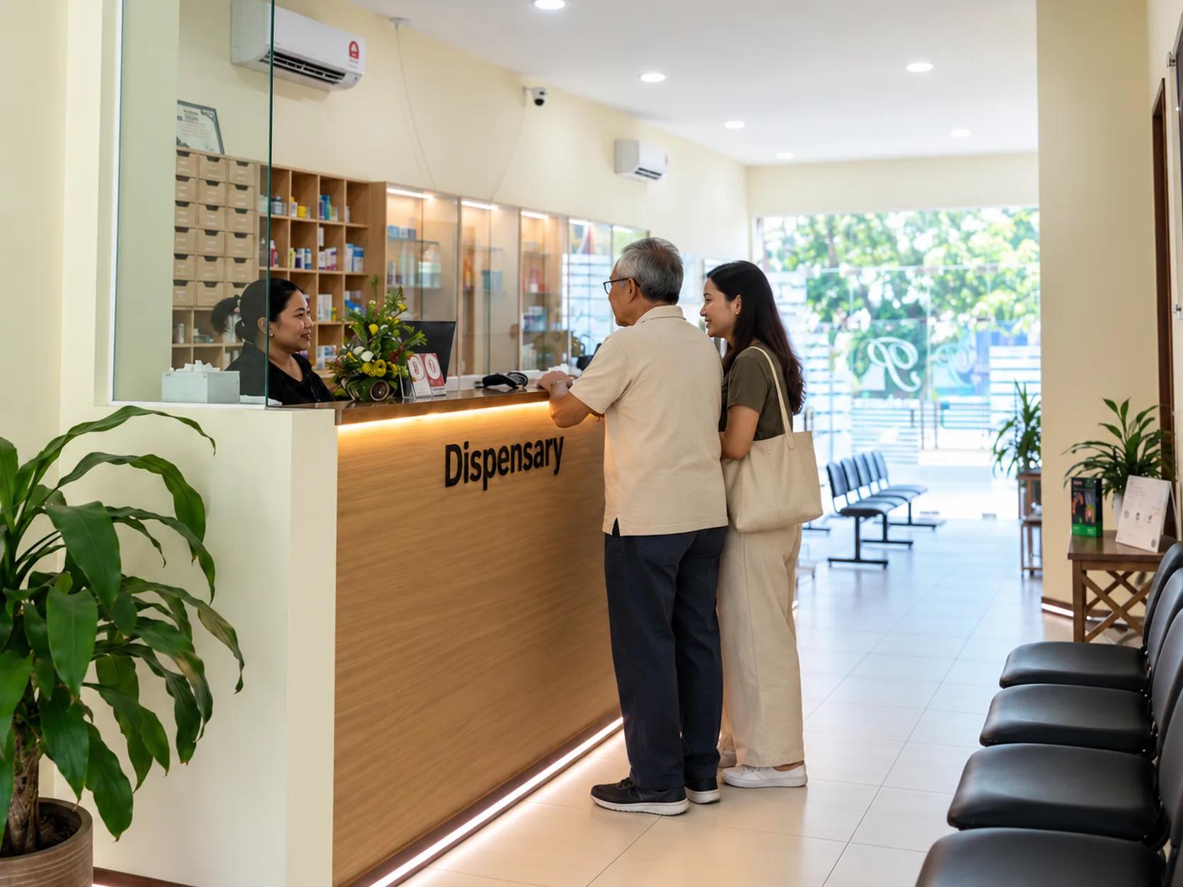 Two patients talking to the pharmacist at the dispensary counter inside Permai Polyclinics Fortuna