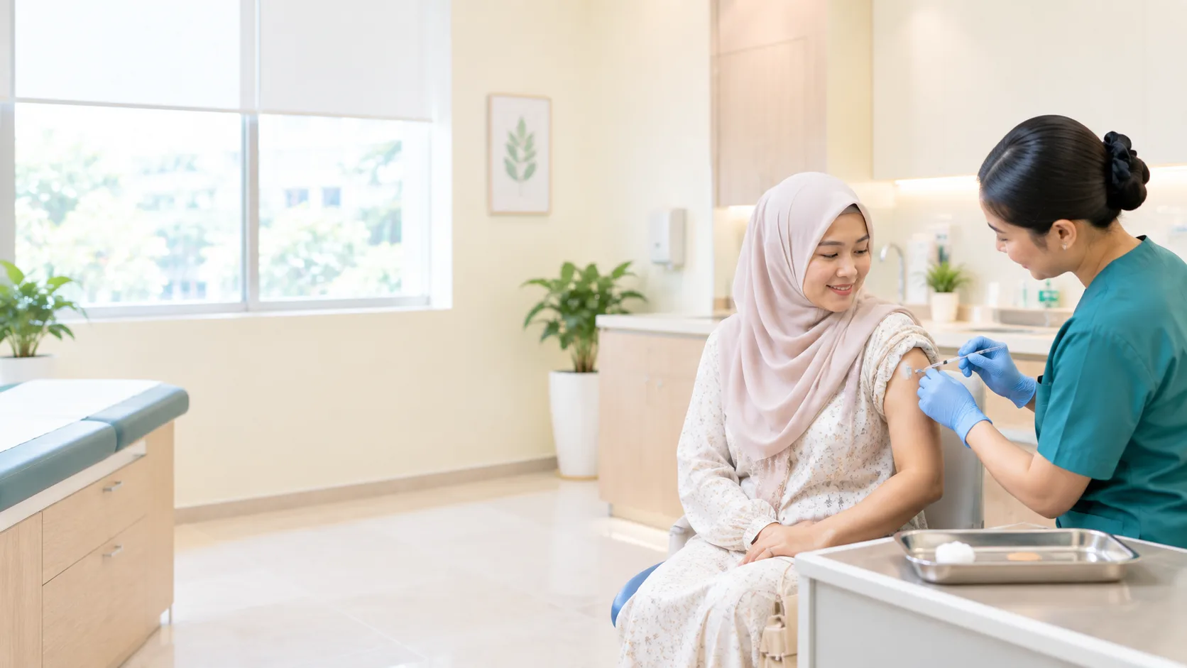 A nurse giving a vaccine injection in the upper arm of a woman